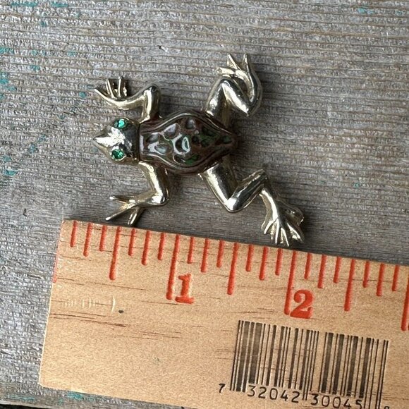 Frog Brooch Pin Gold Tone Metal Pave Green Crystal Eyes Handpainted 2" Long VTG - Picture 5 of 5
